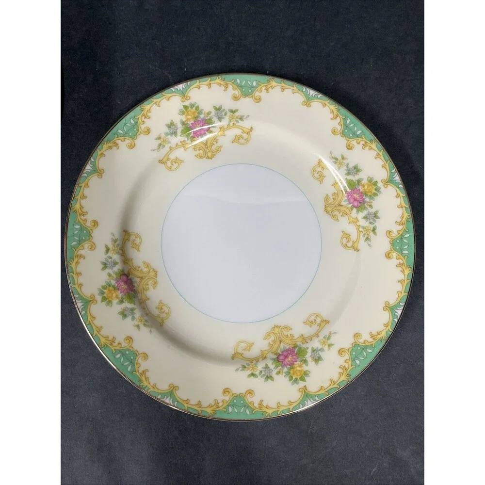 1930s Noritake Tiffany M Dessert Plates 7.5” Gold Trim Ivory Aqua Beige 2 PC HTF